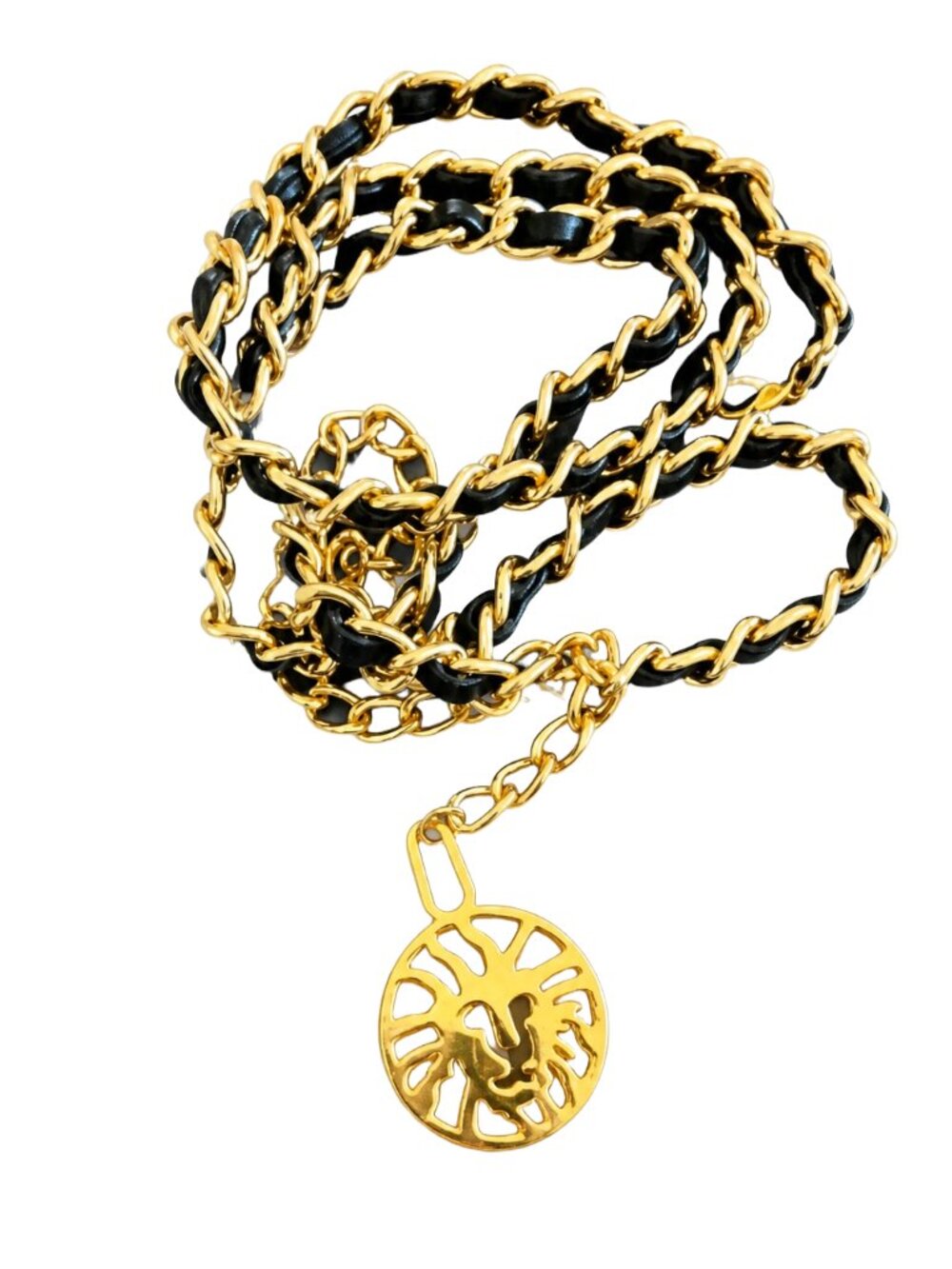 Vintage Anne Klein Gold & Black Faux Leather Chain Belt w/ Lion Charm